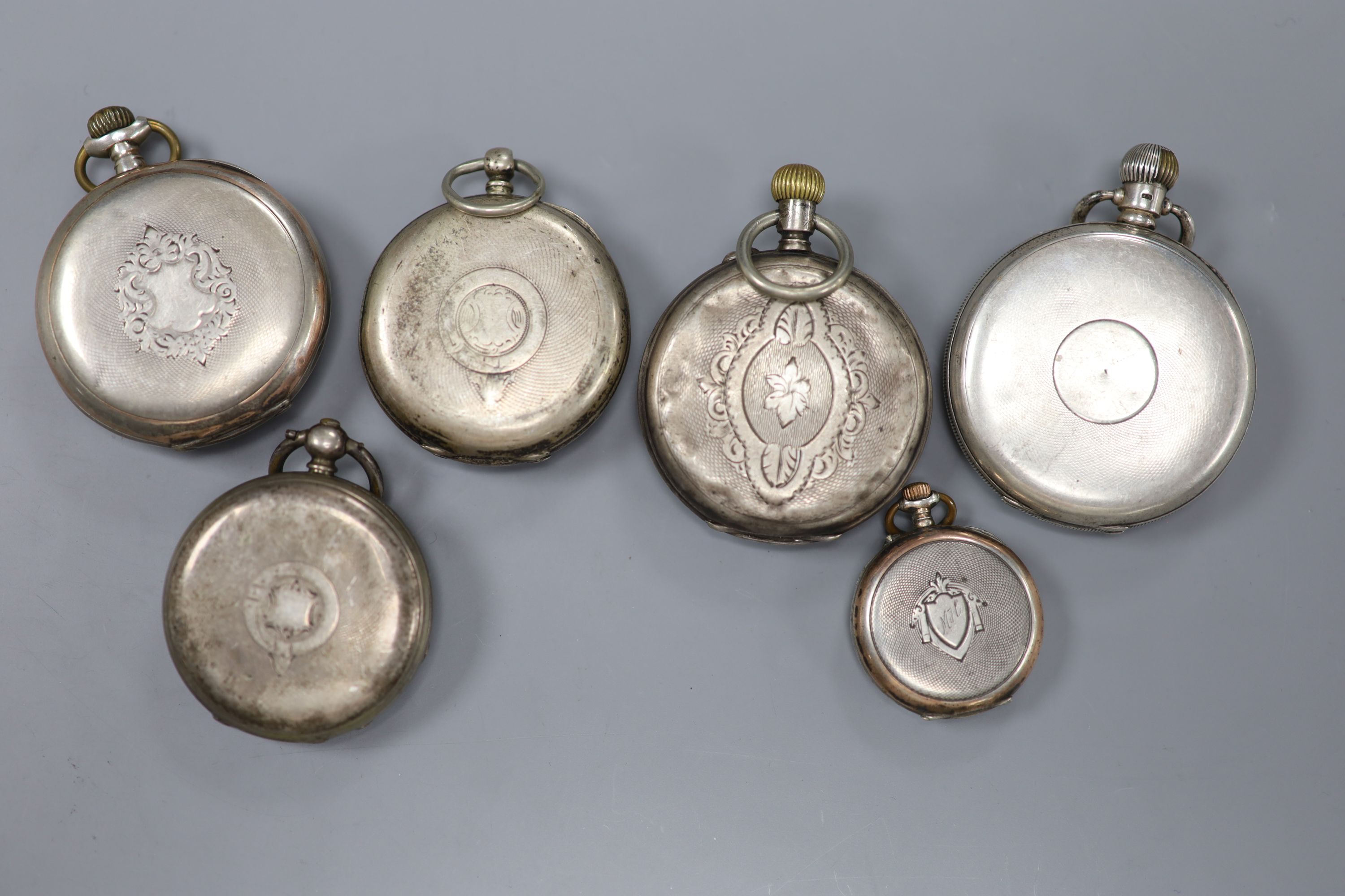 A silver pocket watch, retailed by James Wadsworth and five other assorted white metal pocket/fob watches.